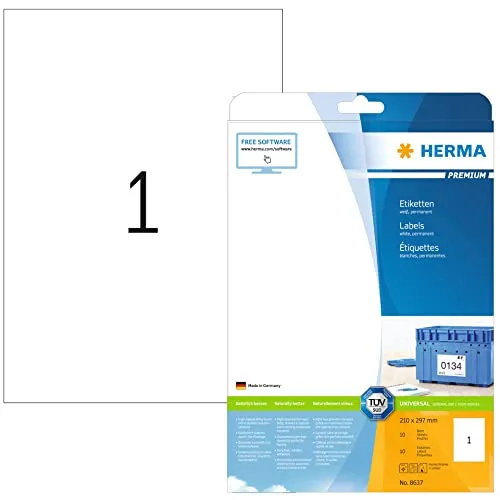HERMA 8637 Universal Etiketten - 320 Blatt, selbstklebend und bedruckbar - Universal-Aufkleber in DIN A4, ideal für alle Drucker. TÜV-zertifiziert für staufreie Druckergebnisse und umweltfreundlich dank FSC-zertifiziertem Papier.