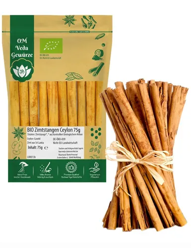 OmVeda BIO Zimtstangen Ceylon 75g | Ganz | 8–12cm | Echter Zimt aus Sri Lanka