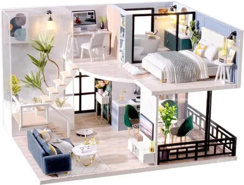 Habarri | Miniaturhaus - DIY-Puppenhaus - Holzhaus mit Möbeln und LED-Beleuchtung - Geschenk für Kinder - Aufwachen um acht