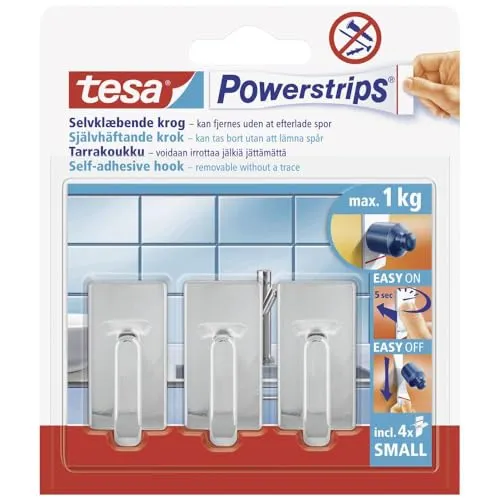tesa Powerstrips Haken Small Classic - Selbstklebender Wandhaken für Glas, Kacheln, Holz, Kunststoff und andere Untergründe - Chrom, Klein