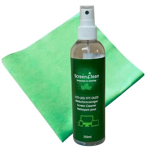 ROGGE ScreenClean DUOSet 250ml inkl. Vileda Professional Microfasertuch. 100% R-PET Sprayflasche. Sehr sparsamer und hochwirksamer Bildschirmreiniger für LCD-TFT-OLED-LED und TV Displays.