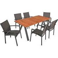 Tischgruppe DAVINA Set 06, 7-tlg. - Elegantes Gartenmöbel-Set - Gartenmöbel-Set aus wetterfestem Aluminium und langlebigem Teakholz, perfekt für gesellige Runden im Freien. Sechs stapelbare Stühle bieten Komfort und platzsparende Aufbewahrung.
