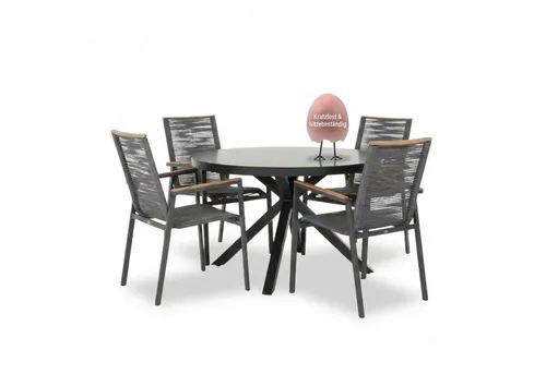 MR.DEKO Gartenlounge-Set Alicante mit Tisch Malaga 120 cm - Elegantes Gartenmöbelset mit 4 Stapelsesseln und 120 cm Tisch. Ideal für gesellige Abende im Freien. Hergestellt aus hochwertigem Teakholz und Keramik, wetterfest und langlebig.