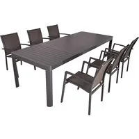 Tischgruppe AMIRA 09, 7-tlg. - Gartenmöbel-Set für stilvolle Außenbereiche, wetterbeständig und platzsparend mit ausziehbarem Tisch und komfortablen Stapelstühlen.
