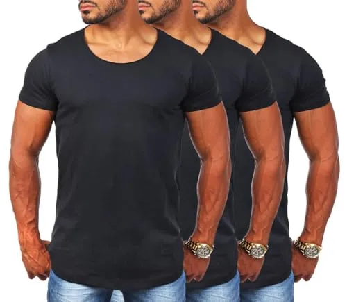 Young&Rich Herren Uni T-Shirt mit tiefem Rundhals Ausschnitt – Körperbetontes Basic Tee im Vintage Look (3er Pack, Schwarz, Größe M) - Stylisches Herren T-Shirt mit körperbetontem Schnitt und tiefem Rundhals. Ideal für Alltag, Sport oder als Unterziehshirt. Angenehmer Tragekomfort dank hochwertigem Material.