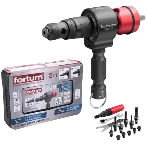 Fortum 2-in-1 Nietaufsatz für Akkuschrauber & Bohrmaschine - Nietzangen-Aufsatz für Blindnieten und Nietmuttern, kompatibel mit gängigen Akkuschraubern. Robuste Verarbeitung für müheloses Arbeiten mit Nieten von 2,4-6,4 mm und M3-M12 Muttern.