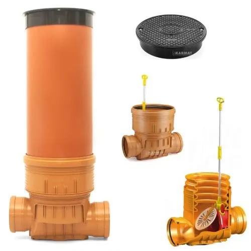 KARMAT Kontrollschacht DN400 mit Rückstauklappe - Leitungen: Robuster Abwasserschacht aus Polypropylen (PP) für hohe Beständigkeit und einfache Installation, ideal zur Vermeidung von Rückstauproblemen.