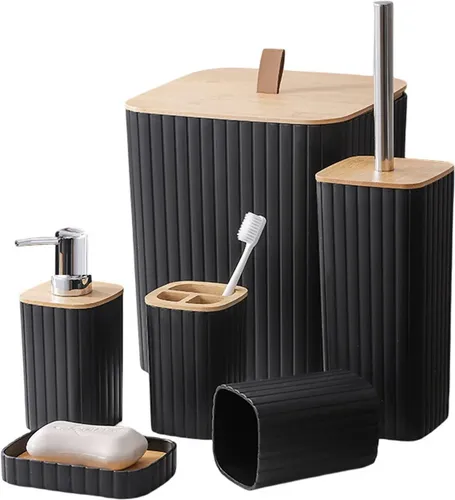 Cheffinger Badaccessoire-Set in Schwarz - Elegantes Badaccessoire-Set mit Seifenspender, Zahnbürstenhalter und WC-Bürste. Ideal für ein stilvolles Badezimmer-Design und praktische Nutzung.