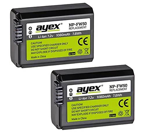 ayex NP-FW50 Akku 2er Set für Sony Kameras - Akkus für Sony Kameras mit 1080mAh Kapazität, ideal für längere Aufnahmen und kreative Projekte.