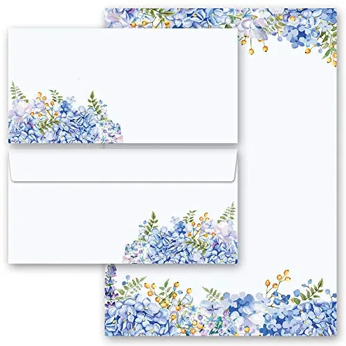 Briefpapier Sets Blumen & Blüten, BLAUE HORTENSIEN 10 Blatt Briefpapier + 10 passende Briefumschläge DIN LANG ohne Fenster | Paper-Media