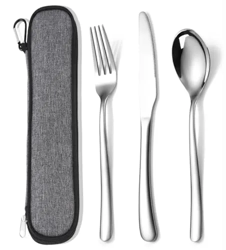 MURRI&MURRDI Besteck Set für 1 Personen, 3 teilig Mehrweg Flatware Set, Besteck Edelstahl Spiegelpoliert, Camping Messer Gabel Löffel mit Tasche, Spülmaschinenfest (3 Silbrig)