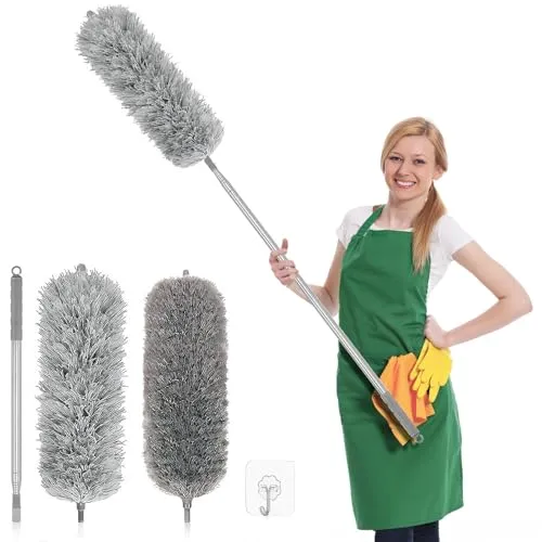 Mauepersu Staubwedel Dehnbarer mit Edelstahl Teleskop Stange, Mikrofasern Staubwischer Staubbesen mit Verbiegbare Eckbesen, Staubwedel Teleskop, Extra lang 75-250cm