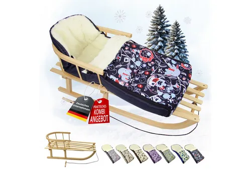 BambiniWelt by Rafael K. Schlitten CE-HOLZSCHLITTEN mit Rückenlehne Seil + WINTERFUßSACK Wolle 108cm EULE
