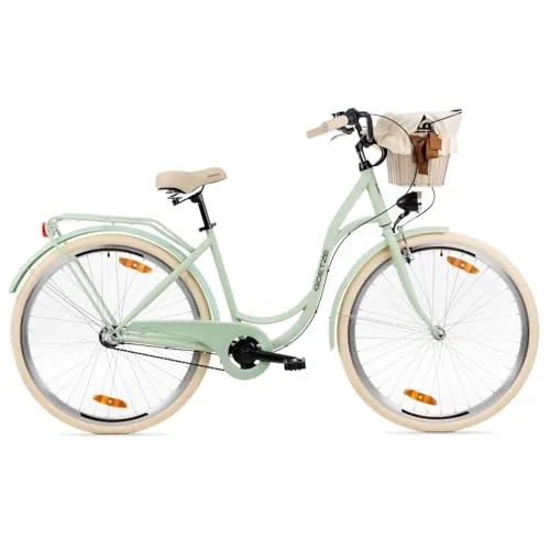Goetze Style 28 Zoll Damen Citybike, 18 Zoll Tiefeinsteiger Stahlrahmen, 3-Gang Nabenschaltung, Rücktrittbremse, V-Bremse, LED-Beleuchtung, Rattankorb, Komfortsattel, mit Ständer & Klingel