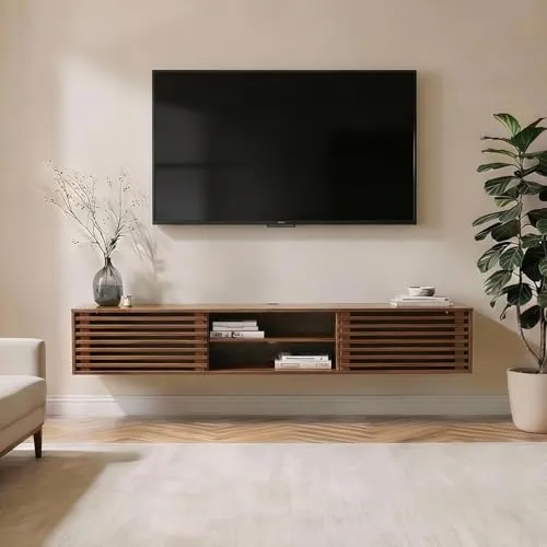 IDIMEX Lowboard RIAN, 175 cm aus Massivholz im Kastanie Finish - Hängendes Lowboard aus massivem Kiefernholz, ideal für TV und Mediengeräte. Offene Fächer und Lamellentüren bieten praktischen Stauraum. Schwebendes Design für ein modernes Wohnambiente.
