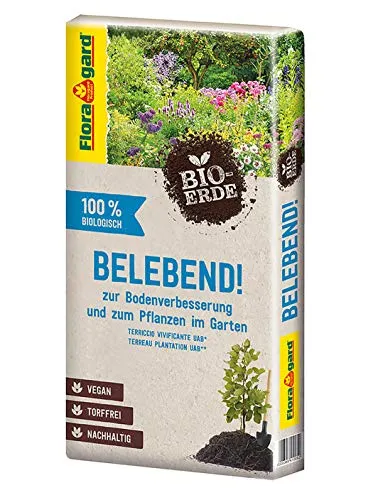 Floragard Bio-Erde Belebend 60 L – torffreie, vegane Bio-Pflanzerde mit lockerer, nährstoffreicher Struktur für Stauden, Gehölze, Sträucher & Gartenpflanzen – fördert kräftige Wurzeln & Wachstum