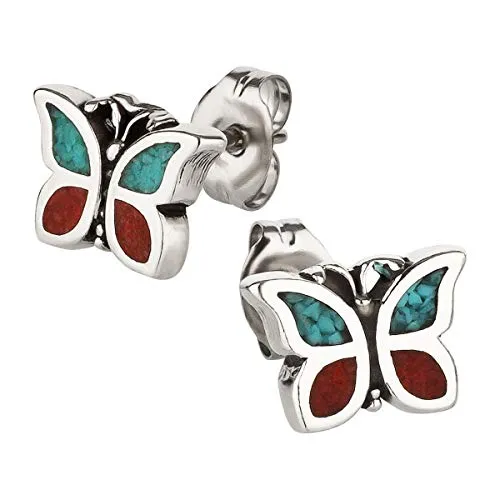 Ohrstecker Ohrringe Schmetterling Silber 925 Sterling Türkis Koralle Inlay als Ohrschmuck mit kleiner Schmuckbox - 7K - Indianer Schmuck Geschenke für Damen, Mädchen, Jungen, Kinder und Herren