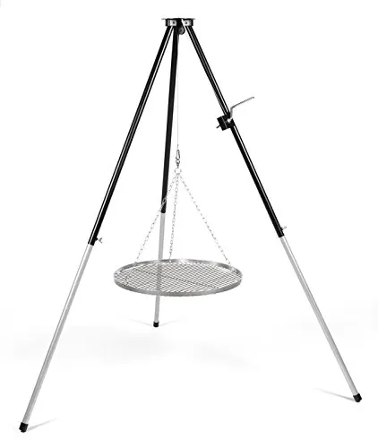 HeRo24 Dreibein Schwenkgrill – höhenverstellbar mit Kurbel – inkl. 70 cm Edelstahl Grillrost & Tragetasche – stabiles Grillgestell für Camping, Garten & Lagerfeuer