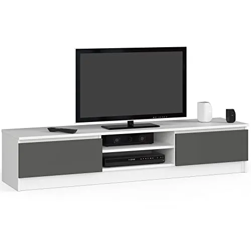 AKORD Low Board K-160 | TV-Shrank mit EIN offenes Regalfach | Fernsehkommode 2 Ablagen mit Klapptüren Links und rechts | H33 x B160 x T40 cm | Gewicht 30 kg | Farbe: Weiß/Graphitgrau