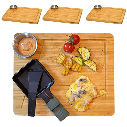 DuneDesign Raclette Teller Set für 4 Personen - 30x25 cm Holzbrettchen mit Dipschale - Raclette Zubehör: Edle Holzbrettchen mit Saftrille und Dipschale, hitzebeständig und hygienisch. Ideal für unvergessliche Feiern und vielseitig einsetzbar!
