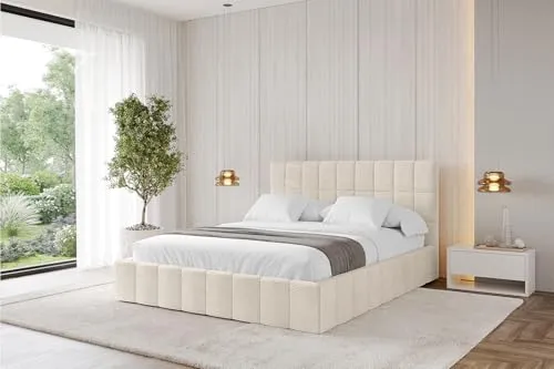 ALTDECOR Polsterbett mit Bettkasten und Lattenrost, Bett mit Kopfteil, Boxbett ohne Matratze, Doppelbett mit Stauraum - AMEA 200x200 Beige