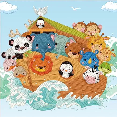 DIAMOND DOTZ DBX.044 - Original 5D Diamond Painting Set DOTZ BOX Arche Noah Tiere 2x2, Kreativset mit 4.539 Diamant Mosaiksteinen, Malset ca. 28 x 28 cm, DIY Komplettset für Kinder ab 8 Jahren, Bunt