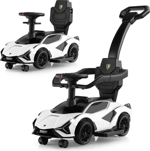 COSTWAY Lizenziertes 3-in-1 Lamborghini-Fahrzeug mit abnehmbaren Geländern, Schiebegriff, Musik, Scheinwerfern, verstecktem Stauraum Weiß