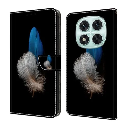 CLM-Tech Handyhülle kompatibel mit Xiaomi Redmi Note 14 Pro 5G Hülle - Tasche aus PU Leder - Klapphülle mit Ständer und Kartenfächern - Schutzhülle Wallet Case Cover Zwei Federn blau und weiß
