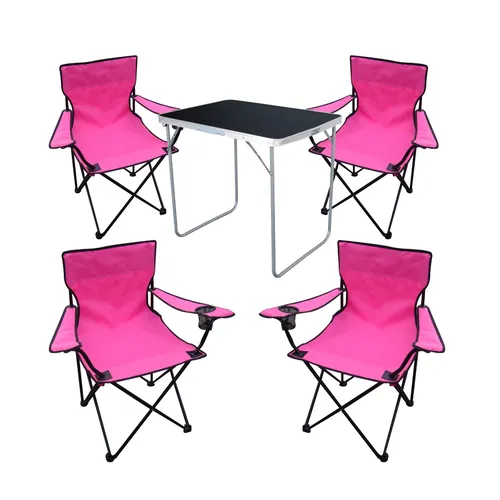 XL 5tlg Camping Set: Campingtisch Schwarz & 4 Klappstühle Pink