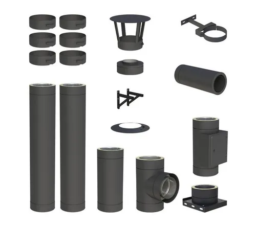 Jeremias Edelstahl-Schornstein Komplettset DW-Black, 3,3 m, Ø130mm - 3,3 m doppelwandiger Edelstahlschornstein Ø 130 mm von Jeremias für Wandmontage. Schnelle Montage dank Steckverbindungen und geprüfter Qualität. Inklusive Putztür und Regenhaube. 25 Jahre Garantie!