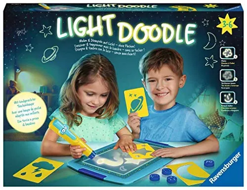 Ravensburger 18084 - Light Doodle Moon & Stars - Schreibutensilien mit nachleuchtender Maloberfläche und stabiler Malunterlage für kreative Kinder. Inklusive 4 Stempelaufsätzen und 3 Augenpaaren für unendlichen Malspaß.