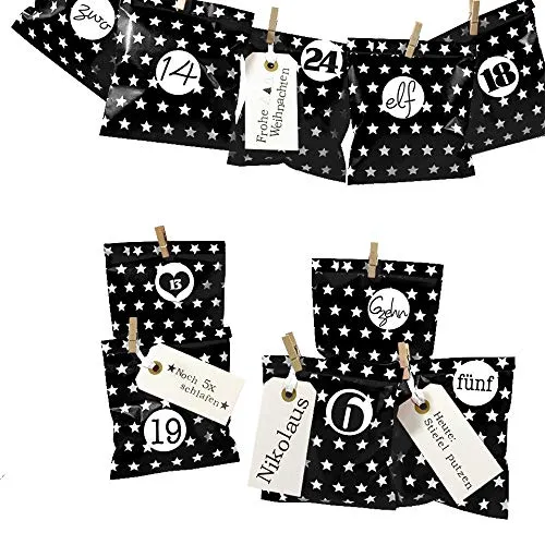 Frau WUNDERVoll® DIY Adventskalender zum Befüllen Bescherung, schwarz - weiße Sterne Papiertüten 13x16,5cm, Ziffern schwarz-weiß/Weihnachten Aufkleber Advent Kalender Kinder Geschenkbeutel