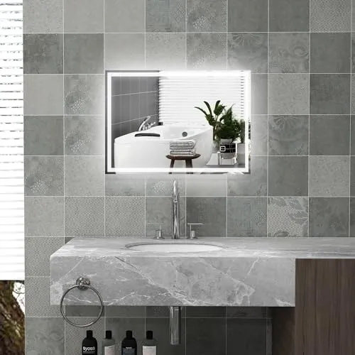 HOMCOM Badspiegel mit Beleuchtung 70 x 50 cm - Badezimmer Wandspiegel mit Touchschalter, antibeschlagfähig und verstellbarer dreifarbiger Beleuchtung für optimale Sicht in jeder Umgebung.