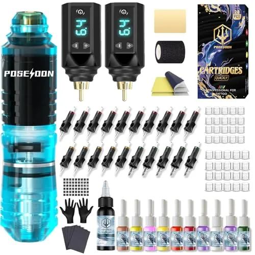 POSEIDON Kabelloses Rotary Tattoo Maschine Kit mit 20 Tattoo Patronen Nadeln, Tinte Set & 2 Wiederaufladbare Batterien | Professioneller tragbarer Tattoo-Stift für Anfänger | Komplettes Starterzubehör