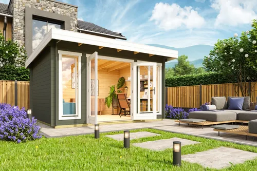 Gartenhaus Blockhaus Pultdach 34 mm Dorset 2 grün 410x320 cm - Gartenhaus aus 34 mm Blockbohlen, mit abschließbarer Doppeltür und isolierverglasten Fenstern. Ideal für Gartenliebhaber, die zusätzlichen Stauraum und einen Rückzugsort suchen.