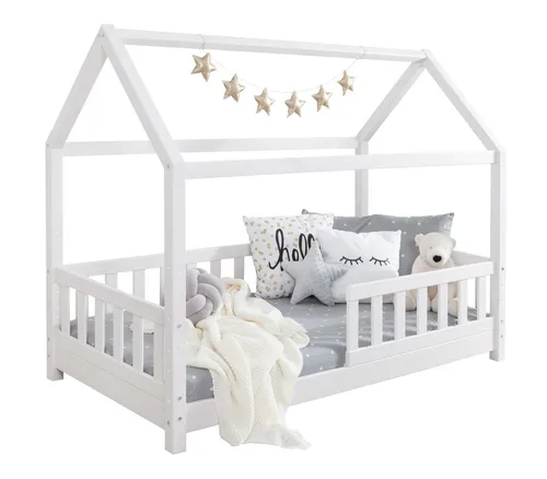 TiCAA Kinderbett Hausbett Kay 90x200 cm – 140x200 cm - Skandinavisches Montessori-Bett aus massivem Kiefernholz mit variabel einstellbarem Rausfallschutz, ideal für kreative Schlafumgebungen im Kinderzimmer.