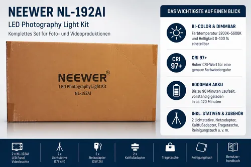NEEWER LED Panel NL-192AI 2x Videoleuchte Studioleuchte Bi-Color Stativ