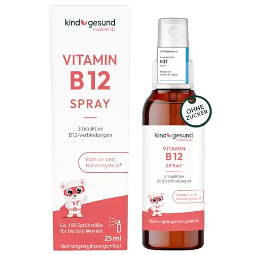 Vitamin B12 Kinder Spray – vegan & kindgerecht dosiert – 10 µg Methylcobalamin pro Sprühstoß – 6 Monate Versorgung – für Kinder & Jugendliche – ohne Zucker & Zusatzstoffe – von kindgesund