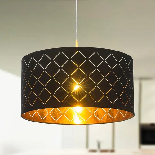 Moderne LED Pendellampe in Schwarz mit Gold, 9W - Elegante Hängelampe für Esstisch und Wohnzimmer, mit warmweißem Licht und dekorativem Textilschirm. Ideal für eine behagliche Atmosphäre, Durchmesser 40 cm, Leuchtmittel inklusive.