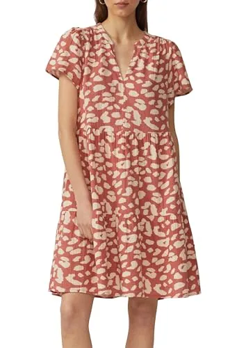 QS Volantkleid aus Musselin Papaya 42 - Freizeitkleid für Damen, aus leichtem Musselin mit gerafftem Detail und Alloverprint, ideal für warme Tage und entspannte Anlässe.