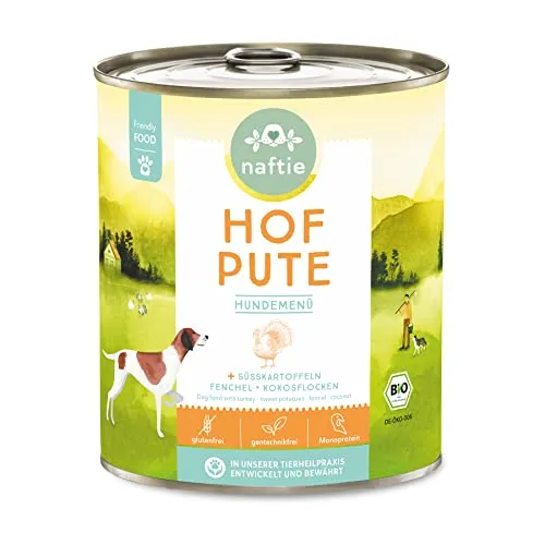 naftie Bio Hundefutter Hof Pute - Premium Nassfutter Menü mit Putenfleisch & Süßkartoffeln - getreidefrei glutenfrei - purinarm - 800g Dosen