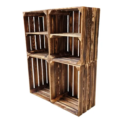 Holzkisten Regal Obstkisten 4er Set - Truhen & Kisten aus hochwertigem Holz, ideal für stilvolle Aufbewahrung und als Wandregal im Landhausstil, einfach zu montieren und vielseitig einsetzbar.