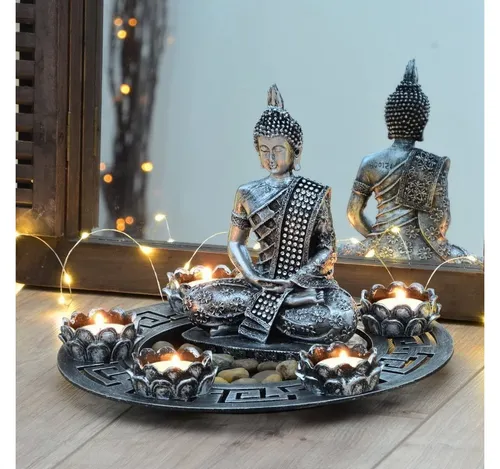 INtrenDU Teelichthalter mit Tablett Buddha Teelichthalter, Alle Teile sind frei platzierbar