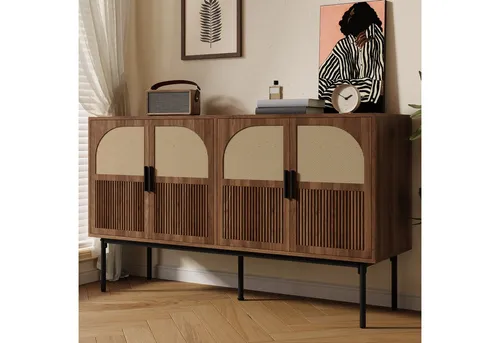 MODFU Sideboard 140x80 cm mit Rattan-Front und Walnuss-Optik