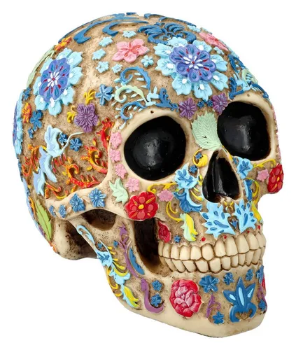 Totenkopf Figur mit Blumenmuster - 16 cm Höhe, Tag der Toten Stil - Sammlerfigur mit handbemaltem, buntem Blumenmuster, ideal zur Dekoration für den Día de los Muertos und stabil aus Kunststein gefertigt.