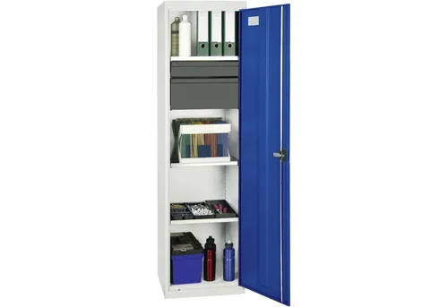 Werkzeug-Beistellschrank H1800xB500xT500mm mit 2 Schubladen und 3 Böden - Robuster Stahlblechkonstruktion in lichtgrau/enzianblau. Ideal für die gewerbliche Lagerung: höhenverstellbare Fachböden und abschließbare Flügeltür für mehr Sicherheit und Ordnung.