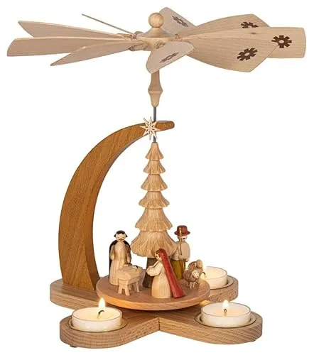 Rudolphs Schatzkiste Teelichtpyramide Christi Geburt mit Teelichter Natur Höhe ca. 27cm NEU Tischdekoration Dekoration Weihnachten Wärmespiel Lichter Figur Holz Seiffen Erzgebirge Holz Flügel Ke