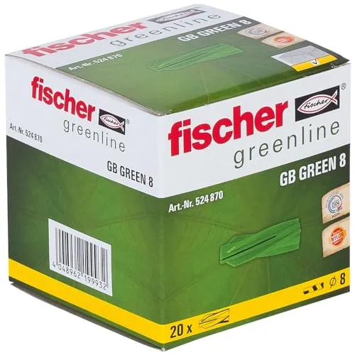 fischer Gasbetondübel GB Green 8, Dübel aus mind. 50% nachwachsenden Rohstoffen zum Befestigen von Briefkastenanlagen, Elektroinstallationen uvm. in Porenbeton, 20 Stück