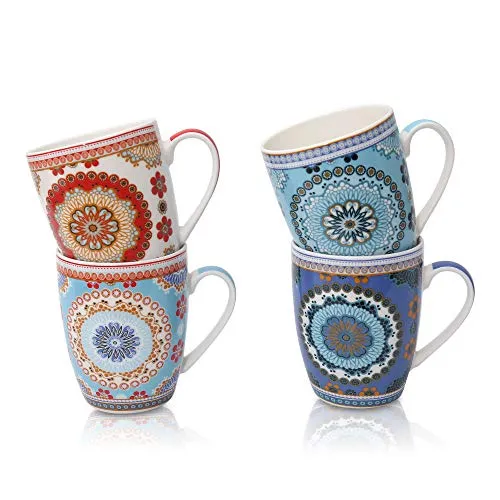 Flanacom Premium Kaffeetassen 4-er Set Orientalisches Design - Große Marokkanische Keramik Kaffee-Becher ca. 300-ml - Hochwertige Boho Tee-Tassen - Kaffeetassen-Set - Geschenk Frauen (Design 4 Kreise)