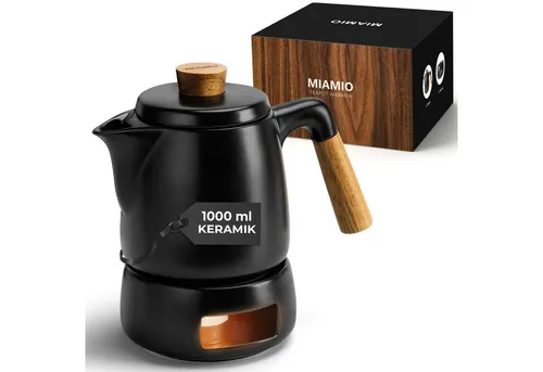 MiaMio Teeservice Teekanne mit Stövchen Set (1L) - Schwarz - Teeservice für stilvolles Teetrinken, inklusive Siebeinsatz für perfekten Genuss und elegantes Design.